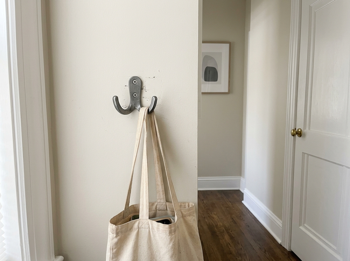 Finished wall hook mounted straight on drywall with a light bag hanging from it.