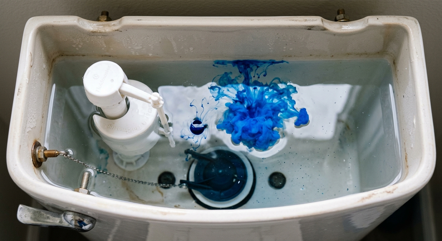 A homeowner checks the toilet tank water with food coloring before starting a flapper repair.