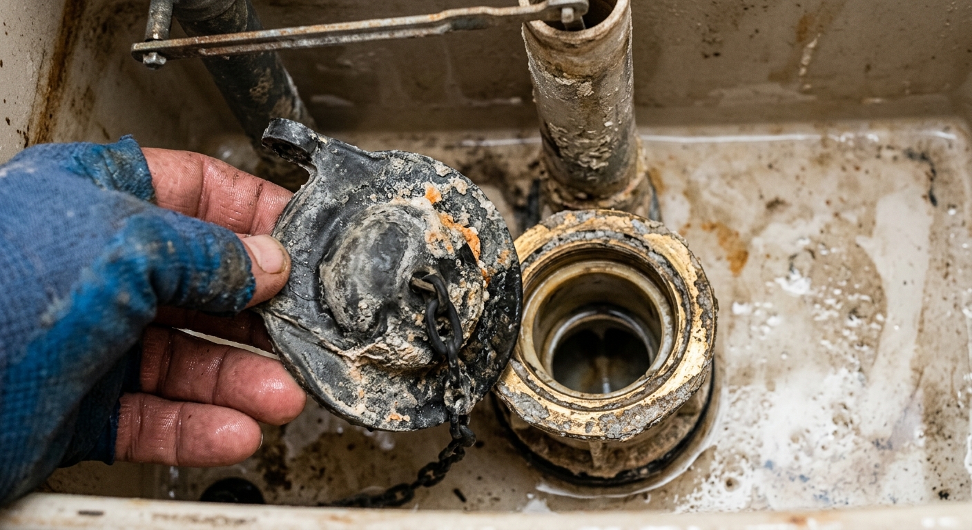 The old toilet flapper is removed so the replacement size can be matched at the hardware store.