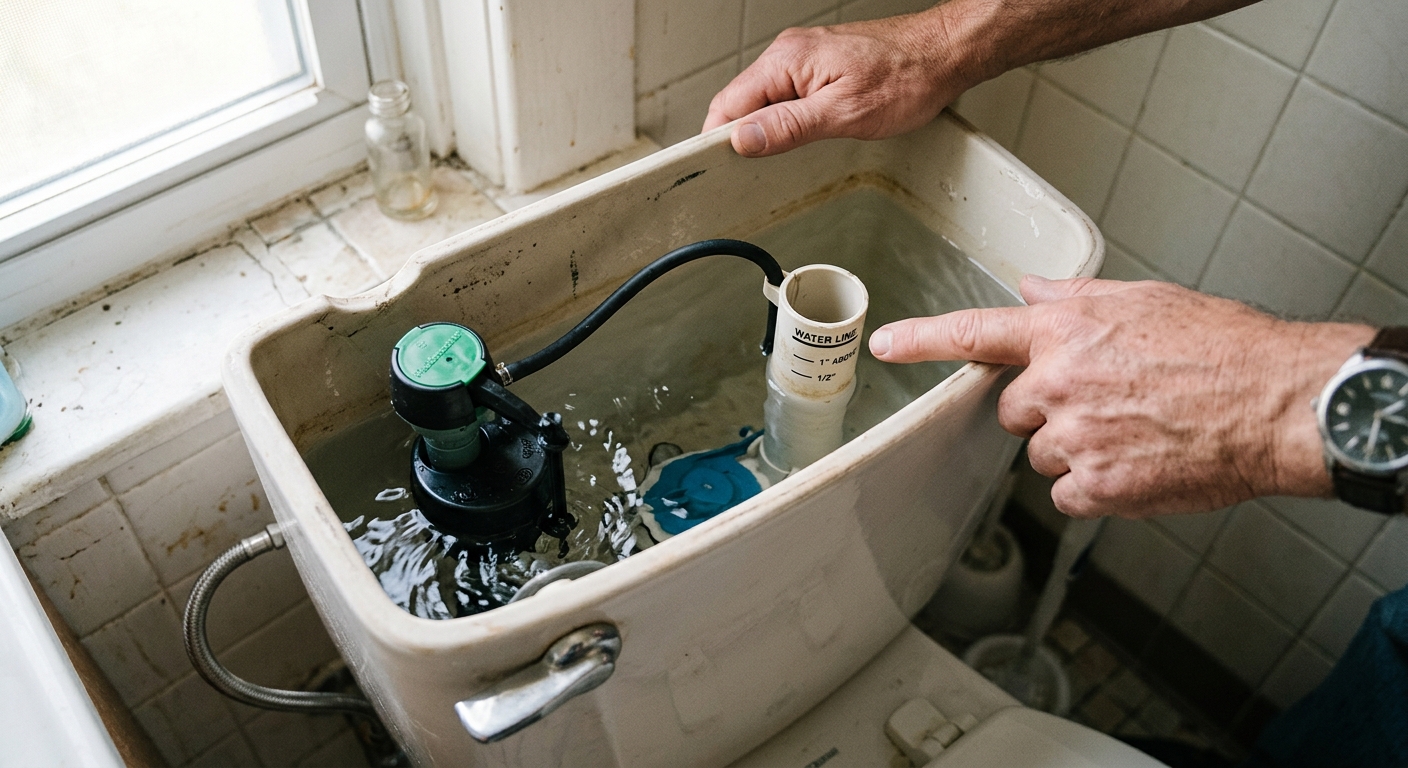 The toilet tank refills while the waterline is checked against the overflow tube.
