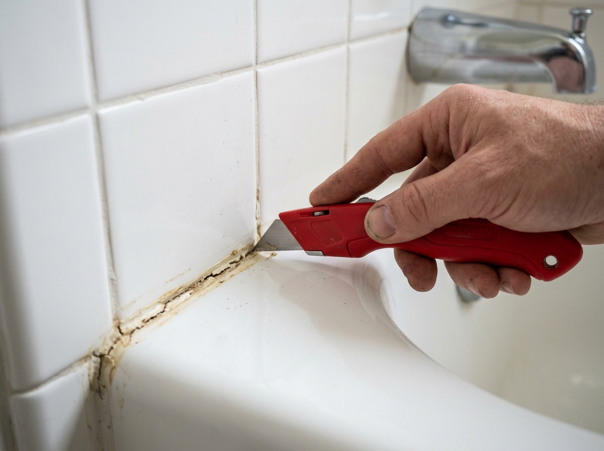 A person scores old bathtub caulk with a utility knife before lifting it out.
