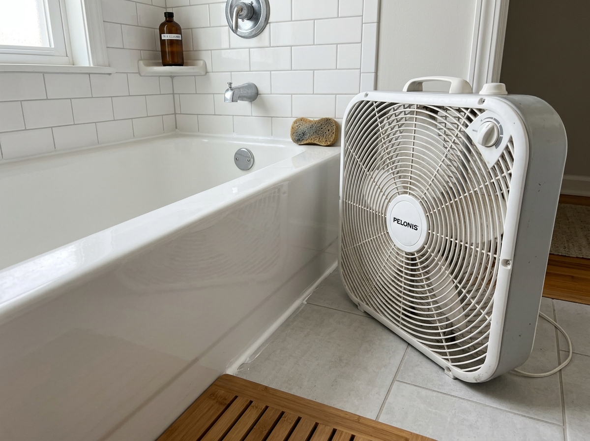 A fan dries the bathtub seam after cleaning and before recaulking.