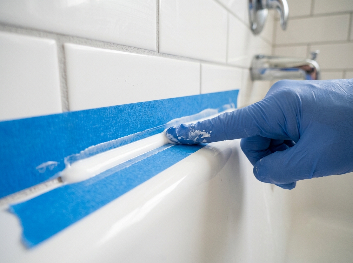 Painter's tape frames a fresh silicone bead as it is tooled smooth.
