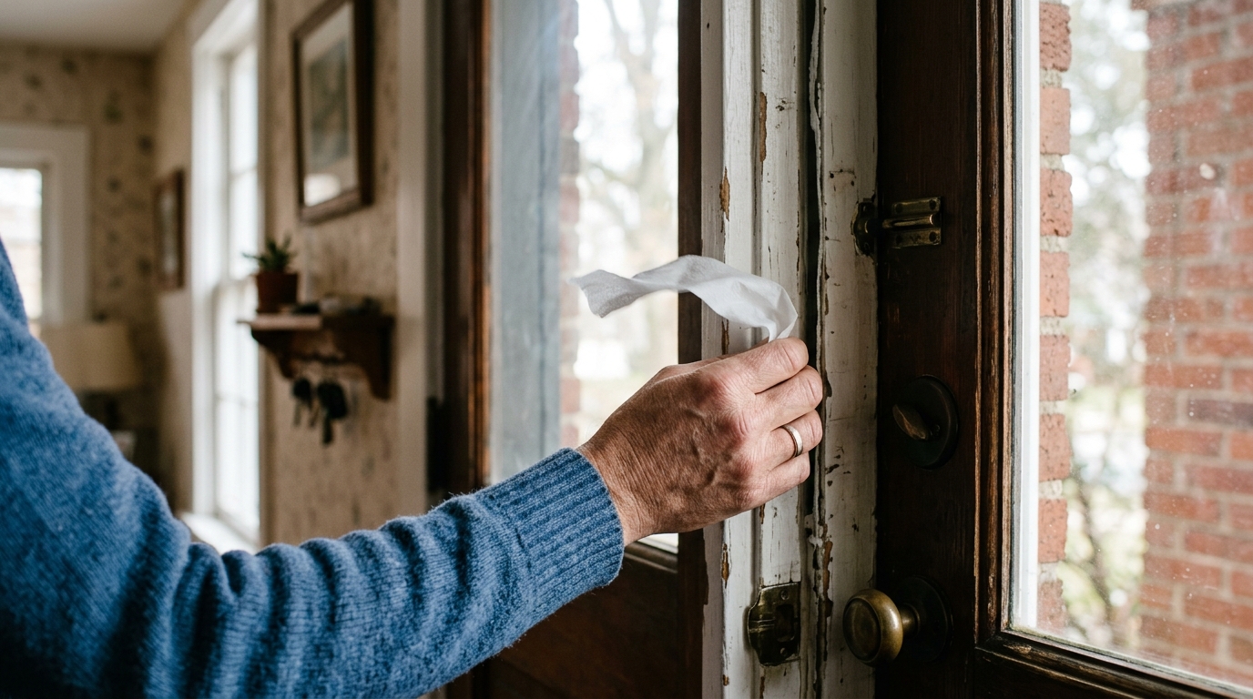 A homeowner checks for drafts around an exterior door with a hand and tissue strip.