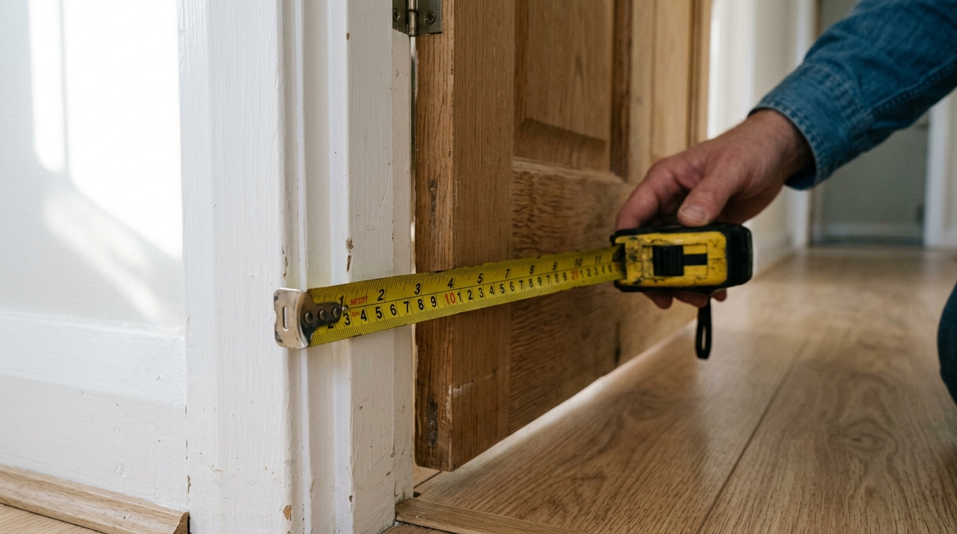 Close-up of a tape measure along a door jamb and the door bottom.