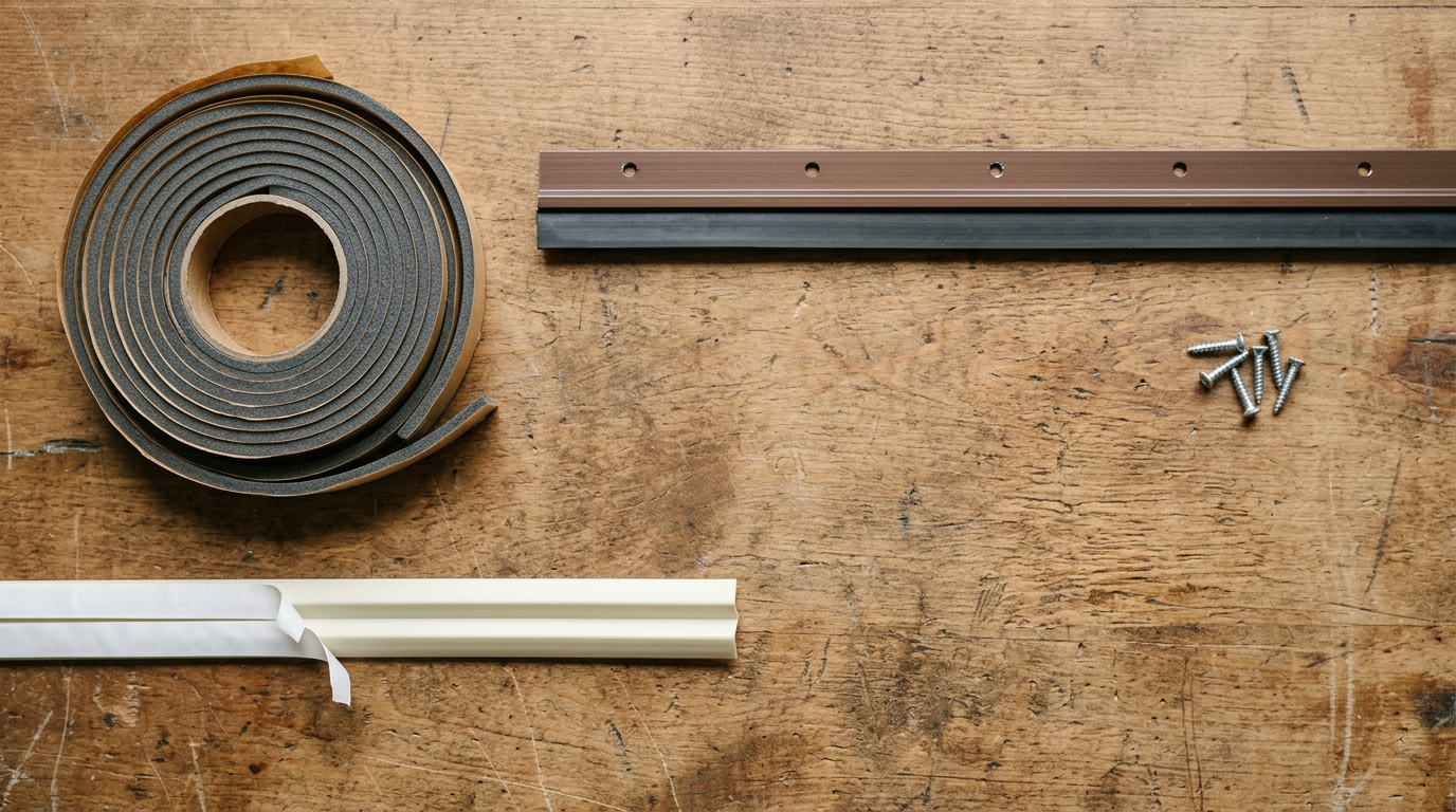Weatherstripping materials laid out: foam tape, V-strip, and a door sweep.