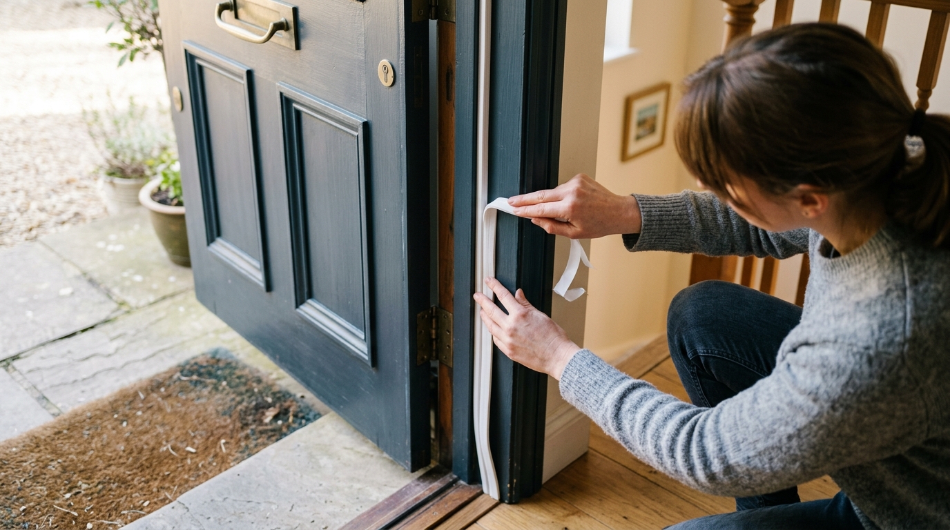 Applying adhesive weatherstripping along the door jamb with careful corner alignment.
