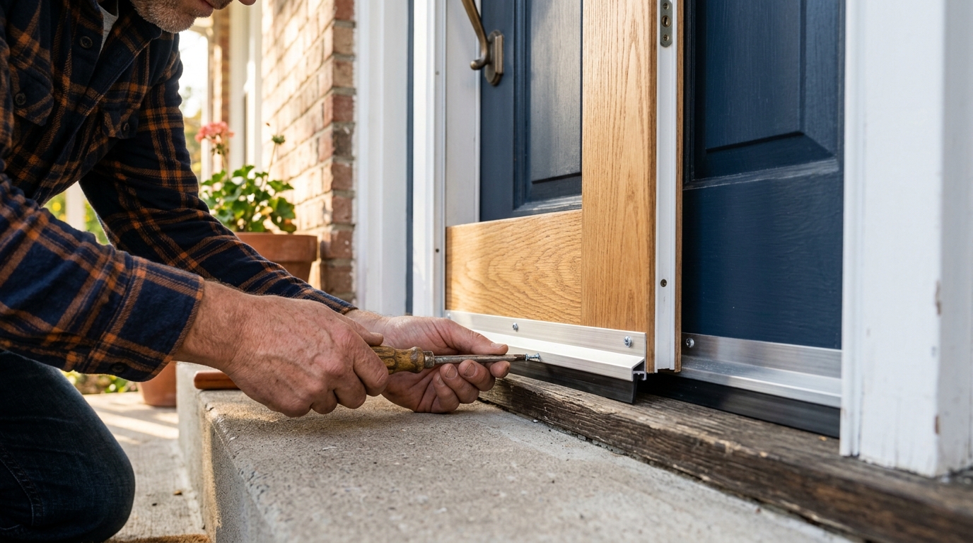 Installing a door sweep at the bottom edge with the door closed for alignment.