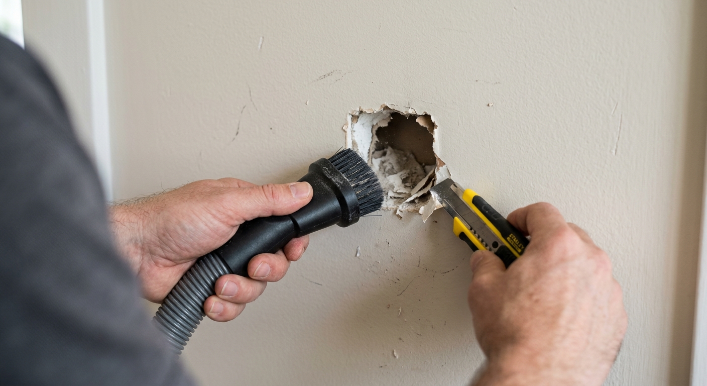 A beginner cleans dust from a small drywall hole before applying filler.