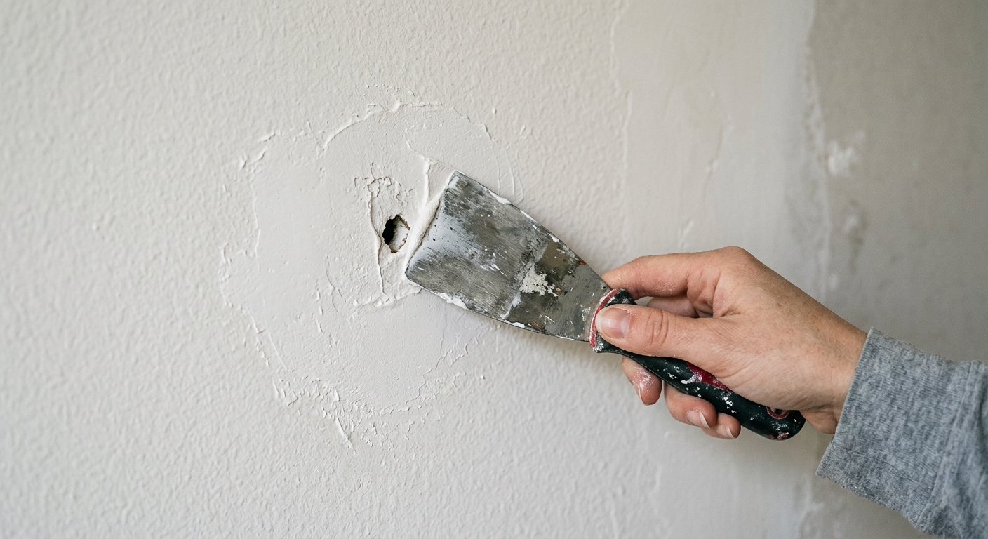 Spackle is spread slightly proud of the wall and feathered wider than the hole.