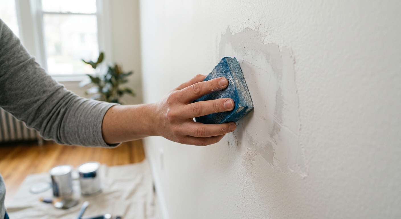 A sanding block smooths the dried patch flush with the surrounding drywall.