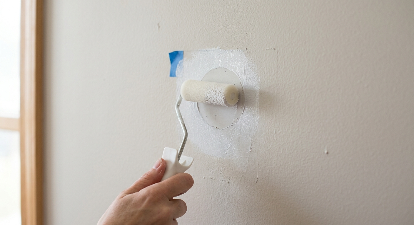 A small drywall repair is spot-primed before paint to prevent flashing.