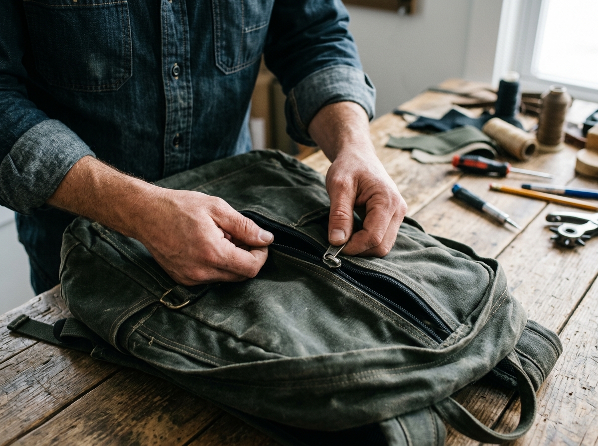 A person inspects the teeth and slider of a backpack zipper on a flat work surface.
