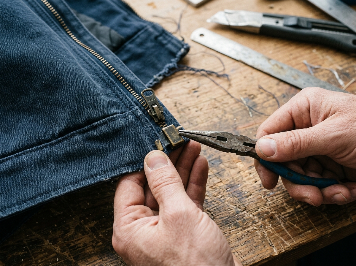 Close-up of a zipper bottom stop and box-and-pin end being inspected with small pliers nearby.