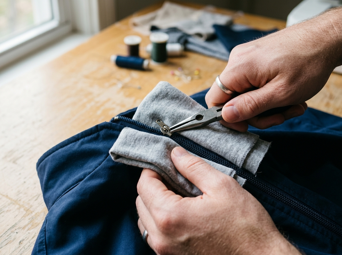 Hands using pliers to gently squeeze a metal zipper slider during repair.