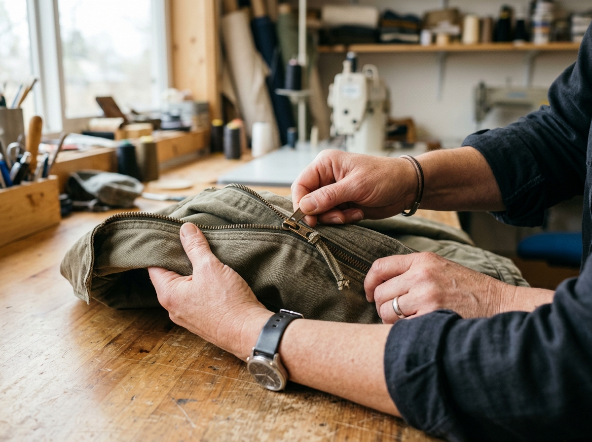 A repaired jacket zipper is tested closed after the slider has been tightened.