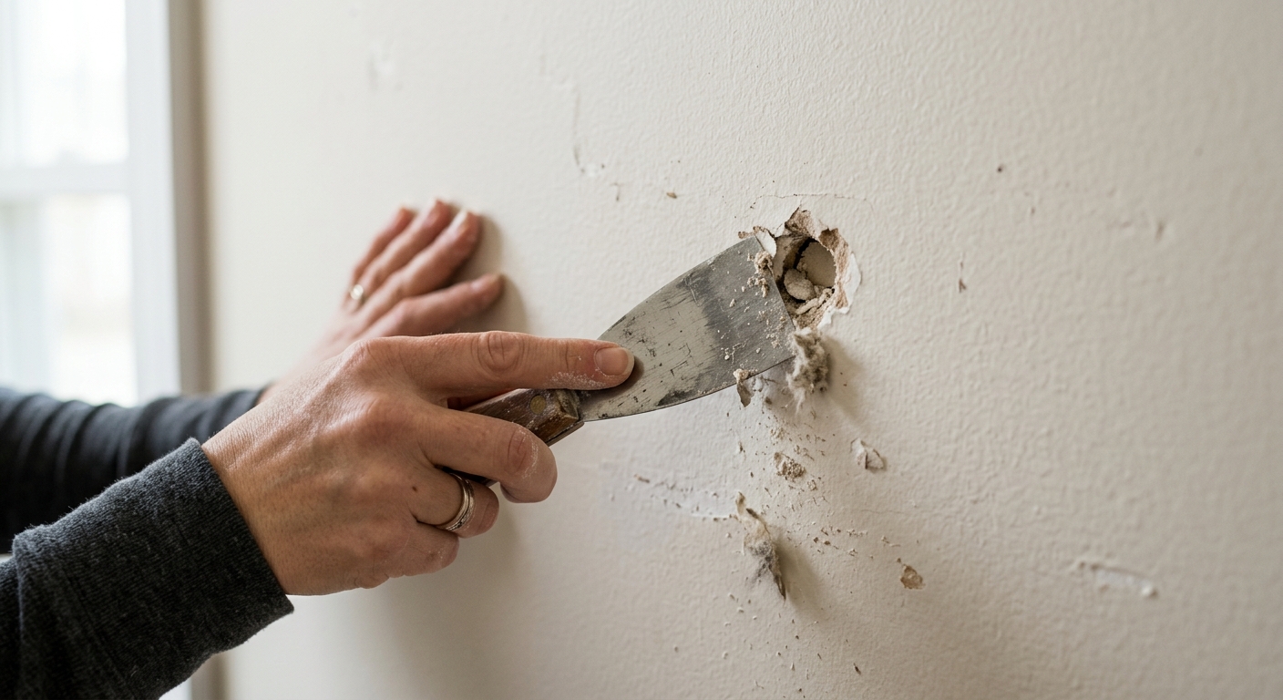 A close-up of a hand cleaning a small drywall hole with a putty knife before patching.