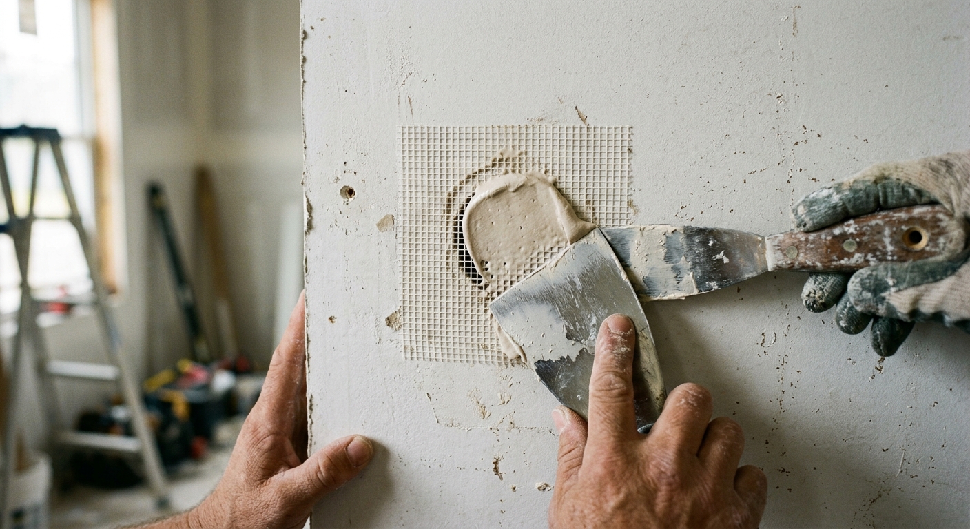 A mesh drywall patch is centered over a small hole and coated with joint compound.