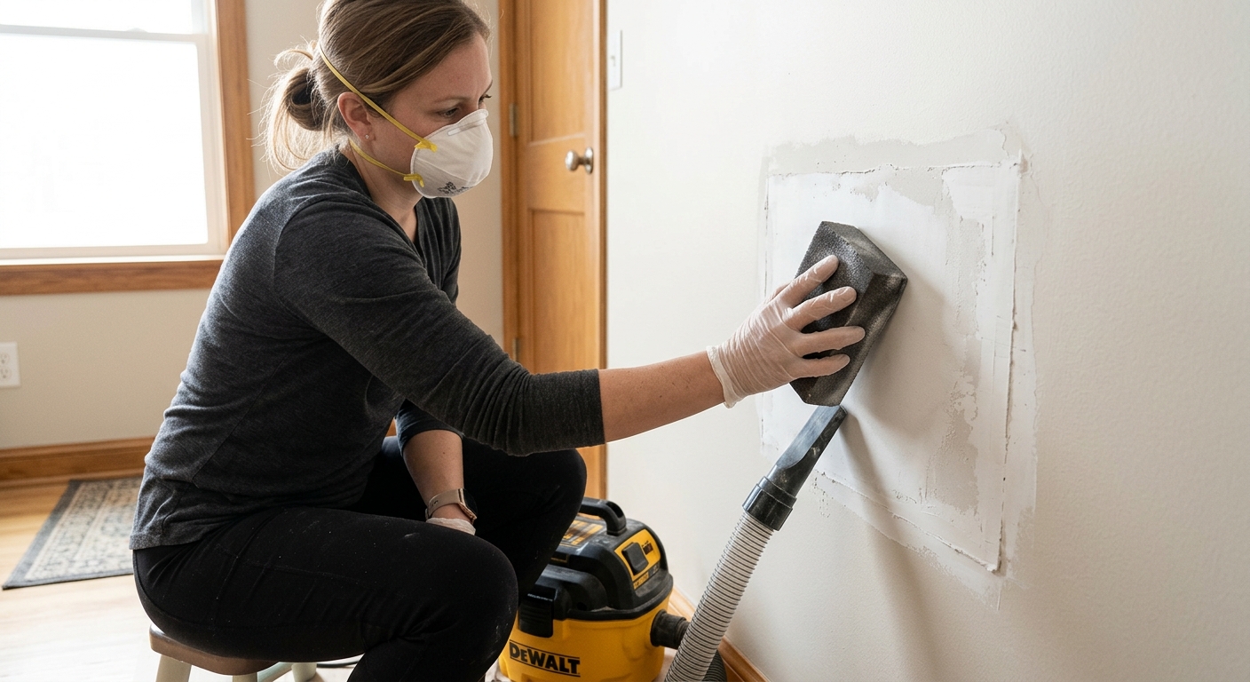 A sanding sponge smooths a dried drywall patch flush with the wall.