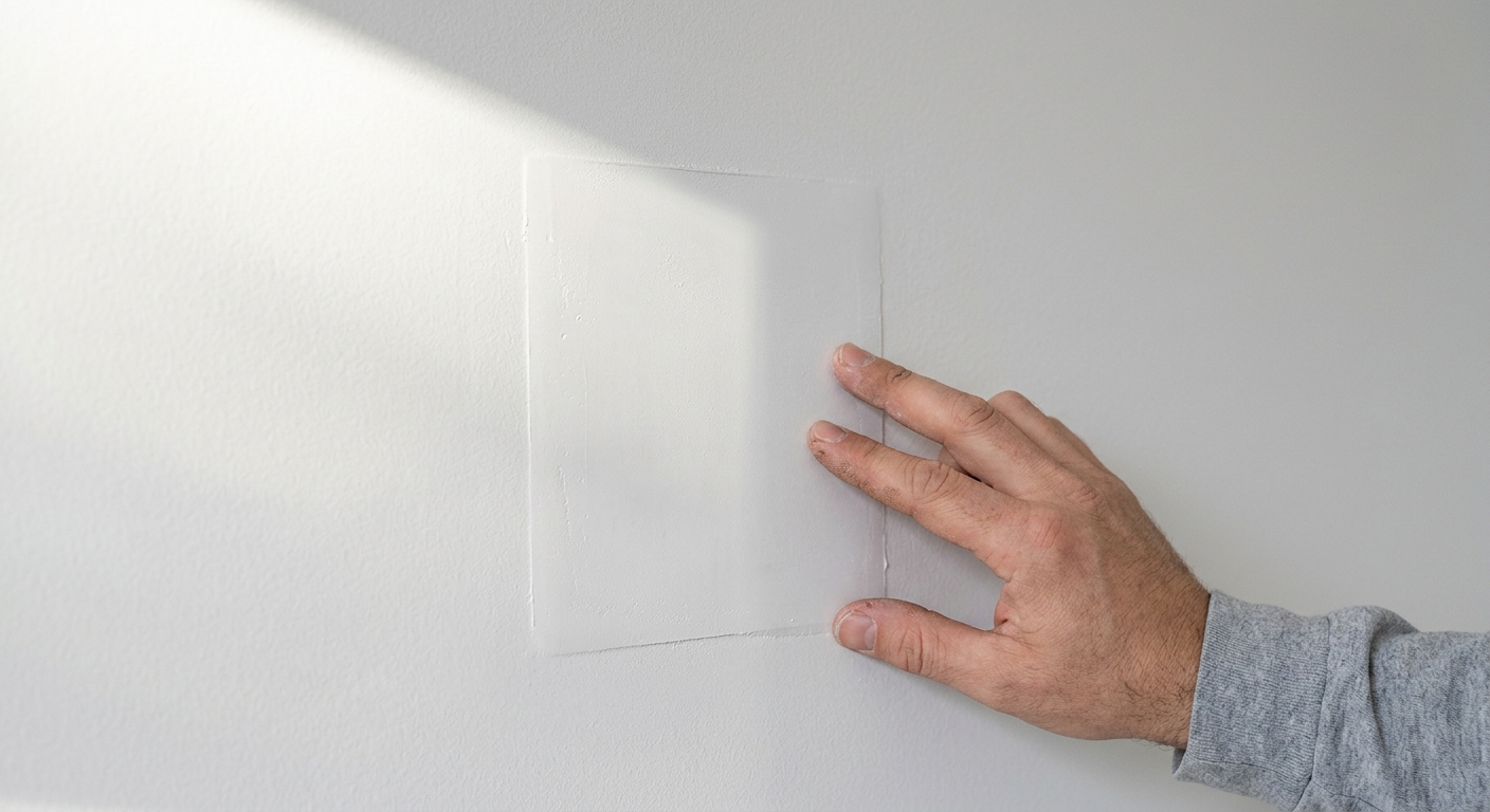 A primed drywall patch is inspected under side light before paint touch-up.