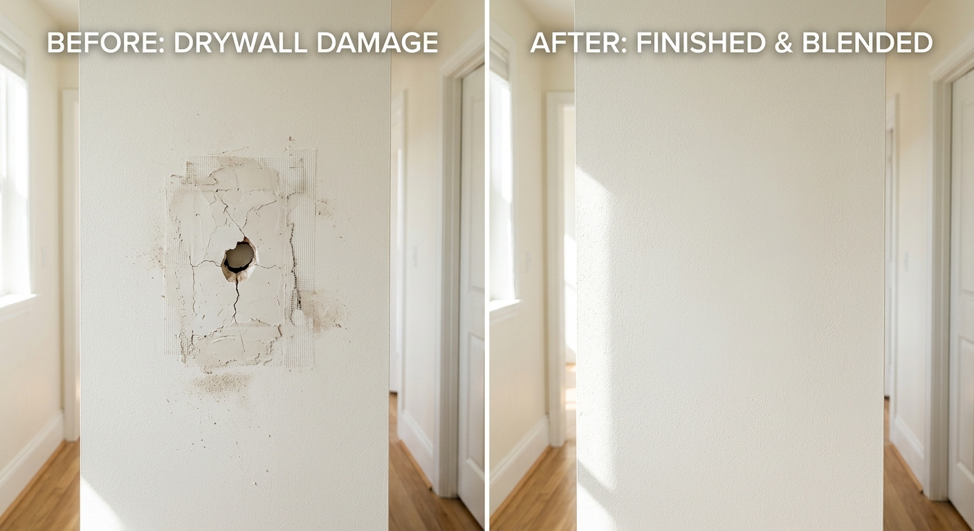 Finished drywall patch blending into the painted wall