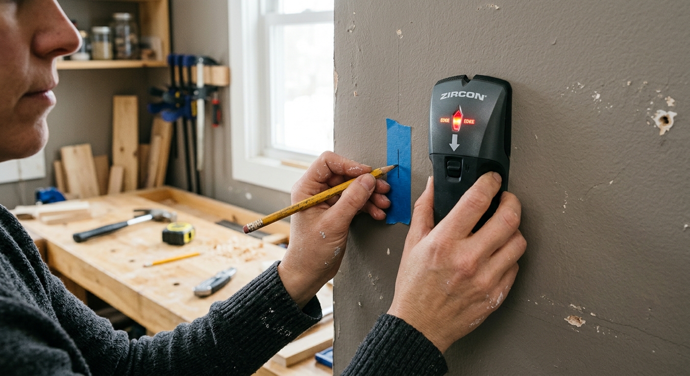 A stud finder is being used to locate framing before drilling.