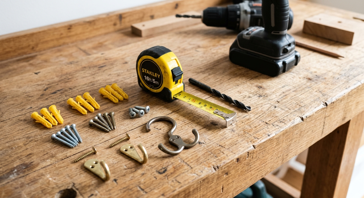 A small set of wall anchors, screws, and hooks laid out on a workbench.