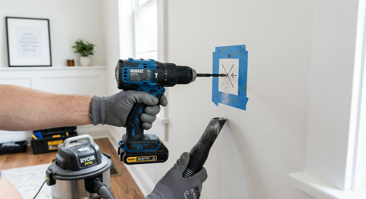 A drill bit creating a pilot hole at a marked wall location.