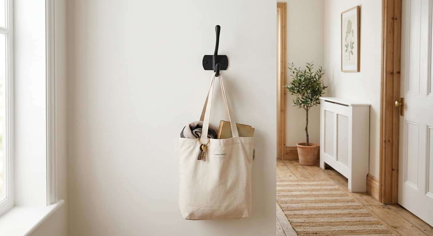 A finished wall hook holding a light bag during a test load.