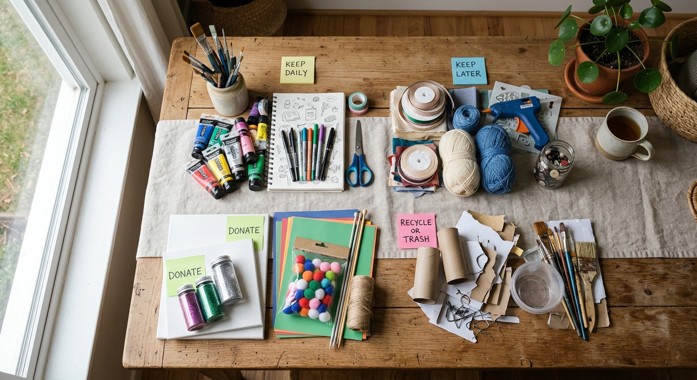 A small craft workspace cleared for sorting with supplies gathered into piles.