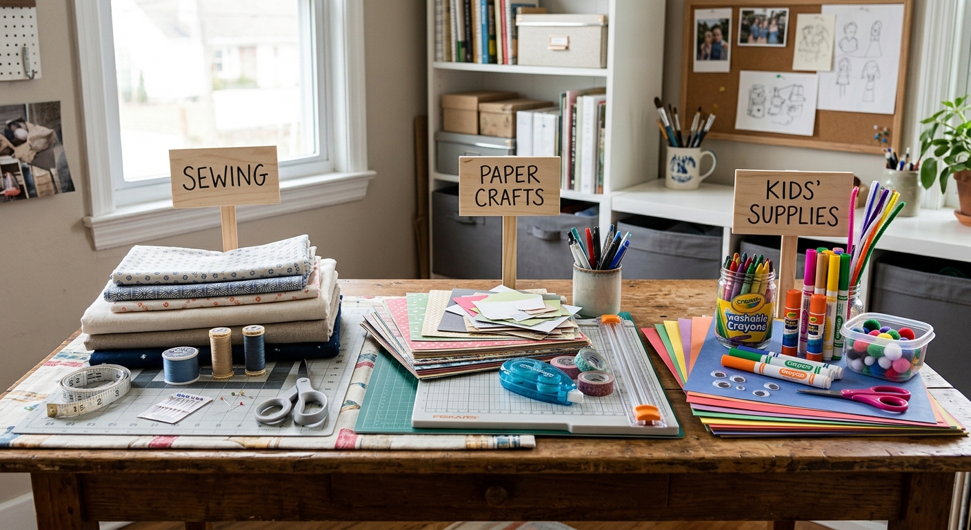 Craft supplies grouped into project-based piles with labels beside them.
