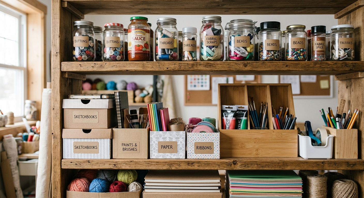 Repurposed storage containers and drawer dividers arranged on a shelf for craft supplies.