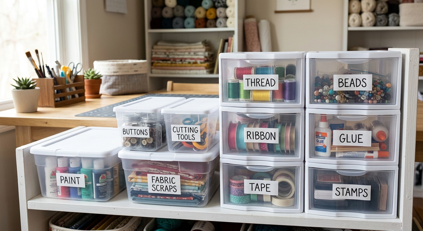 Labeled craft bins and drawers with simple front-facing category names.