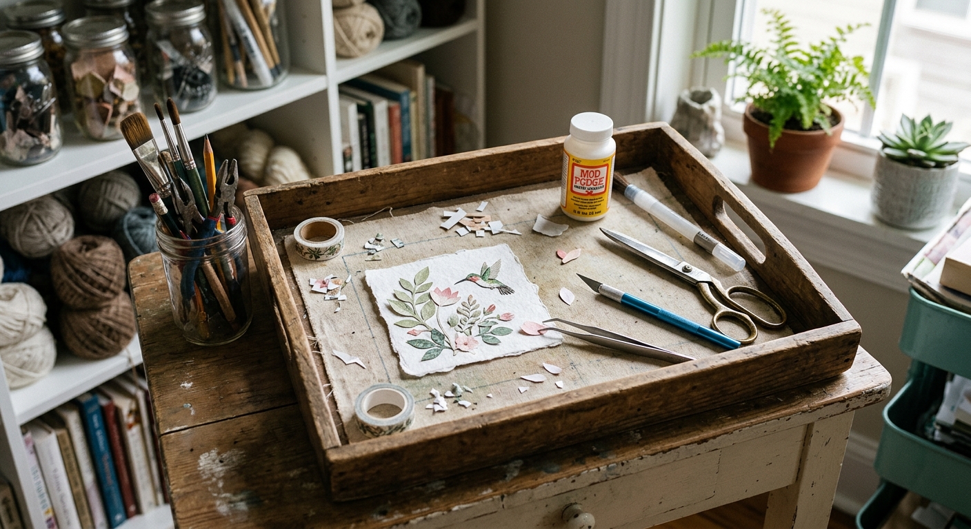 A shallow tray holding the current craft project and the tools needed to finish it.