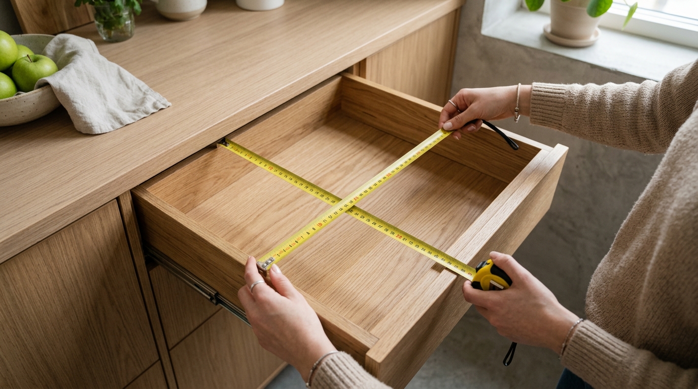 Drawer emptied and measured with a tape measure