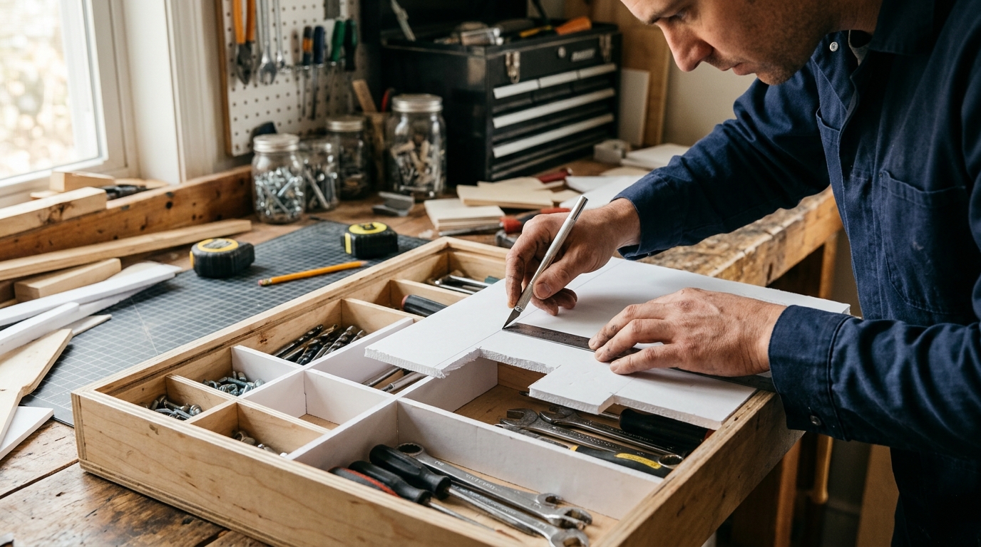 Divider panels cut and test-fit in the drawer