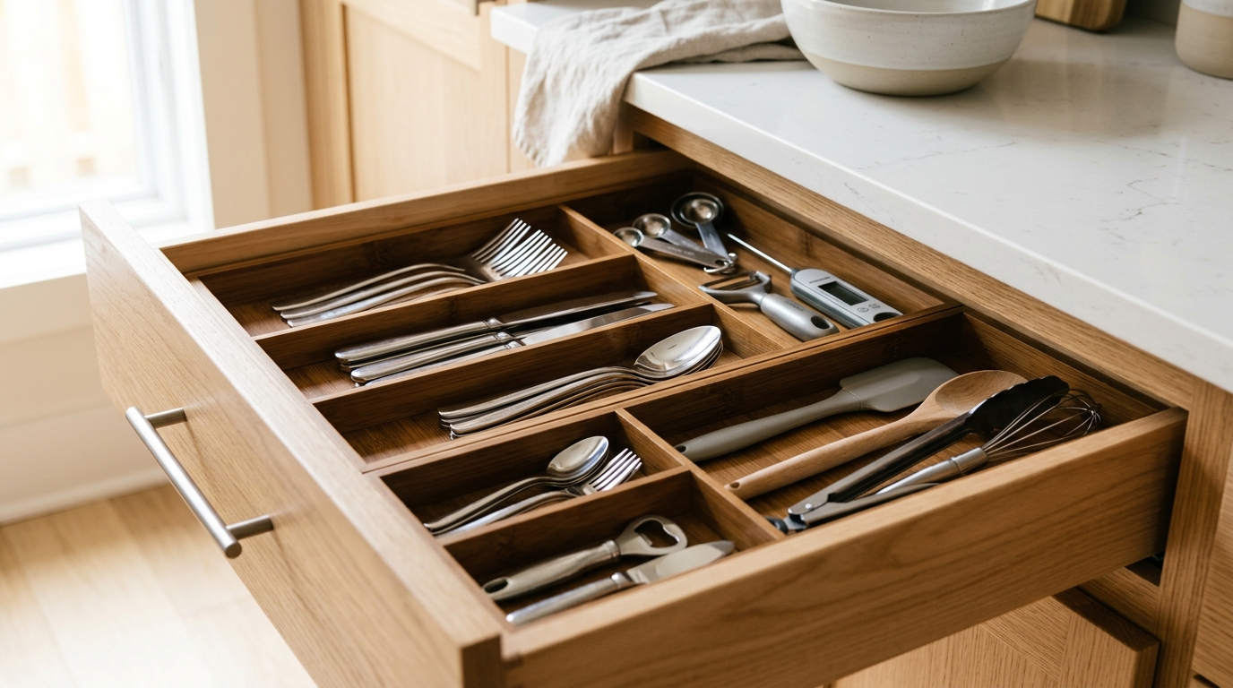 Finished drawer organizer fitted neatly into the drawer