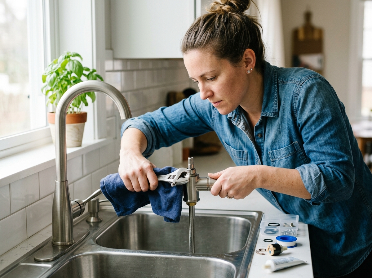 Person using an adjustable wrench with a cloth to carefully tighten a repaired faucet during reassembly.
