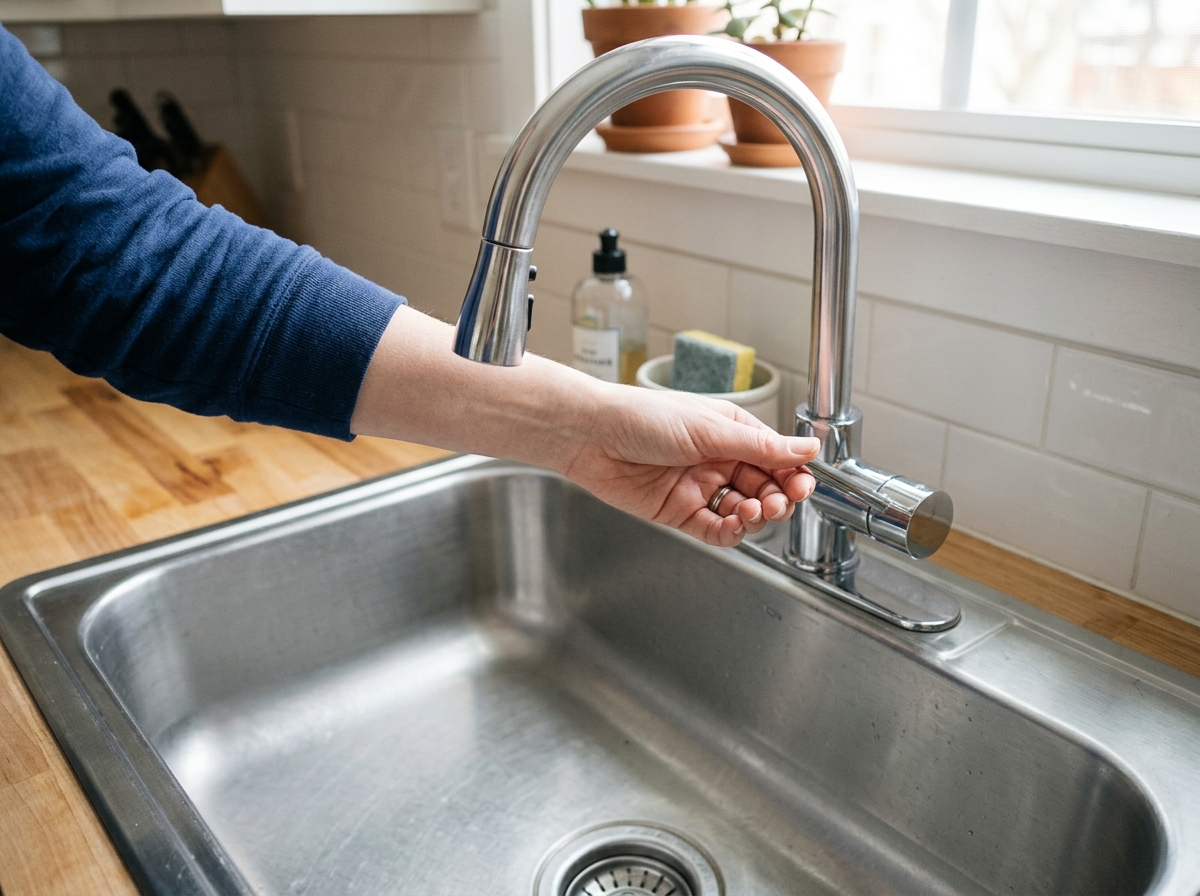 Hand testing a faucet after repair, showing a steady stream of water and then no dripping when turned off.