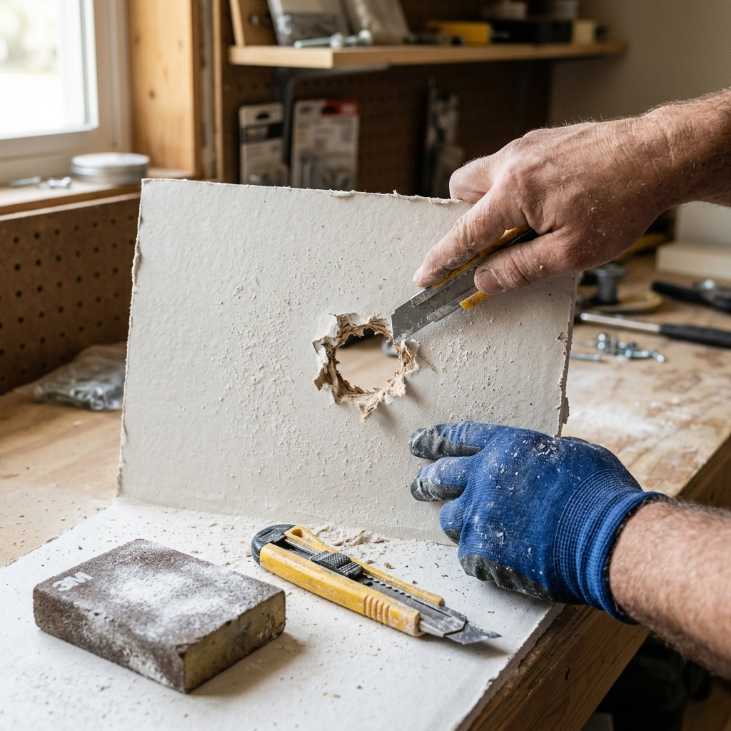 A beginner repairing a small drywall hole with a mesh patch and putty knife.