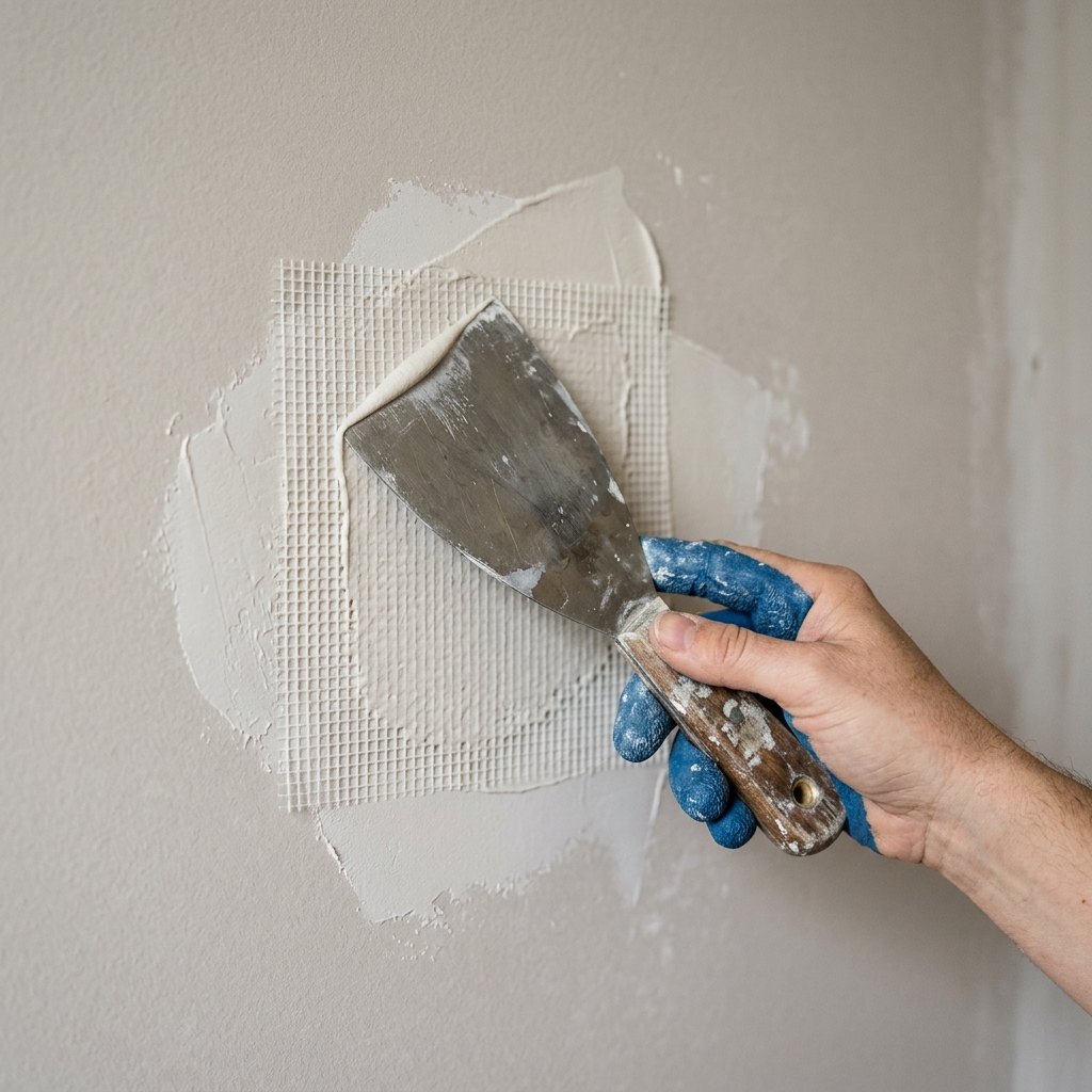 Applying the first feathered coat of joint compound over a mesh drywall patch.