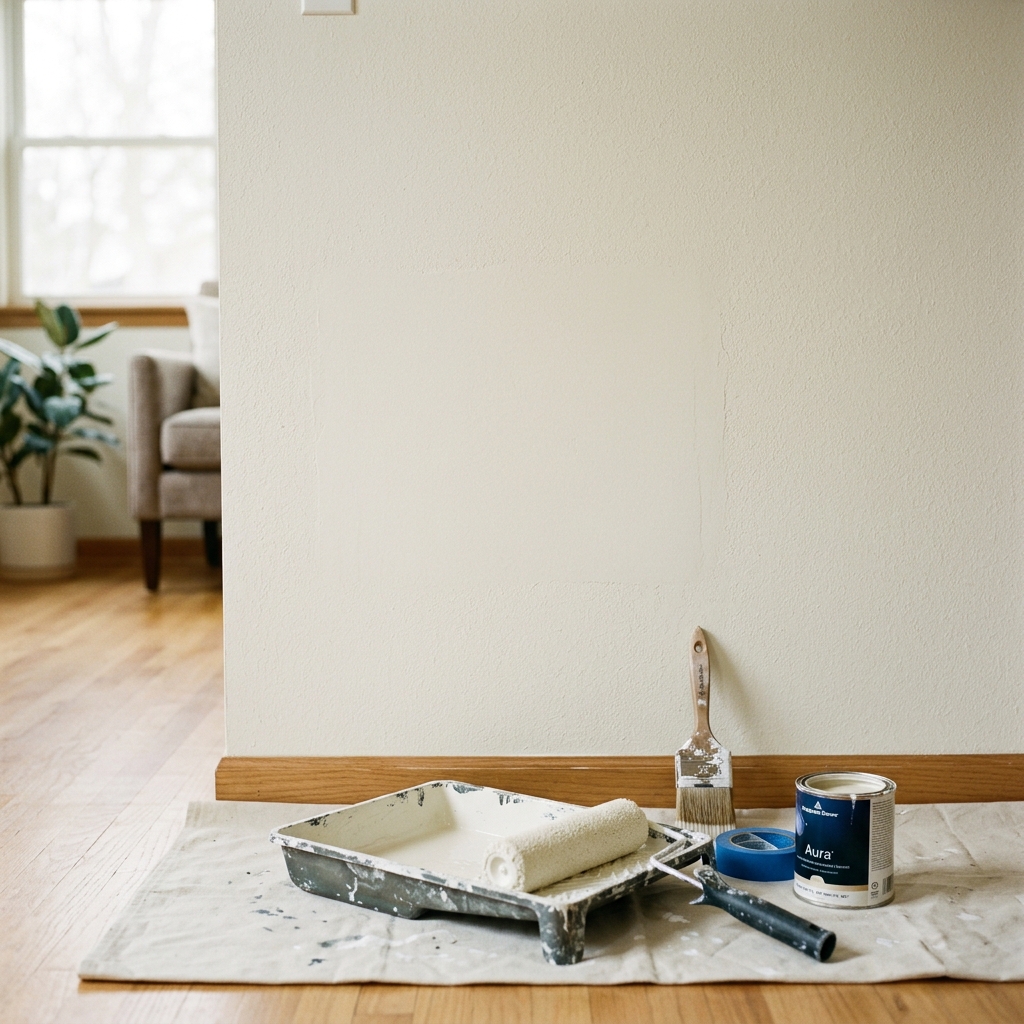 Priming and painting a repaired drywall patch for a seamless finish.