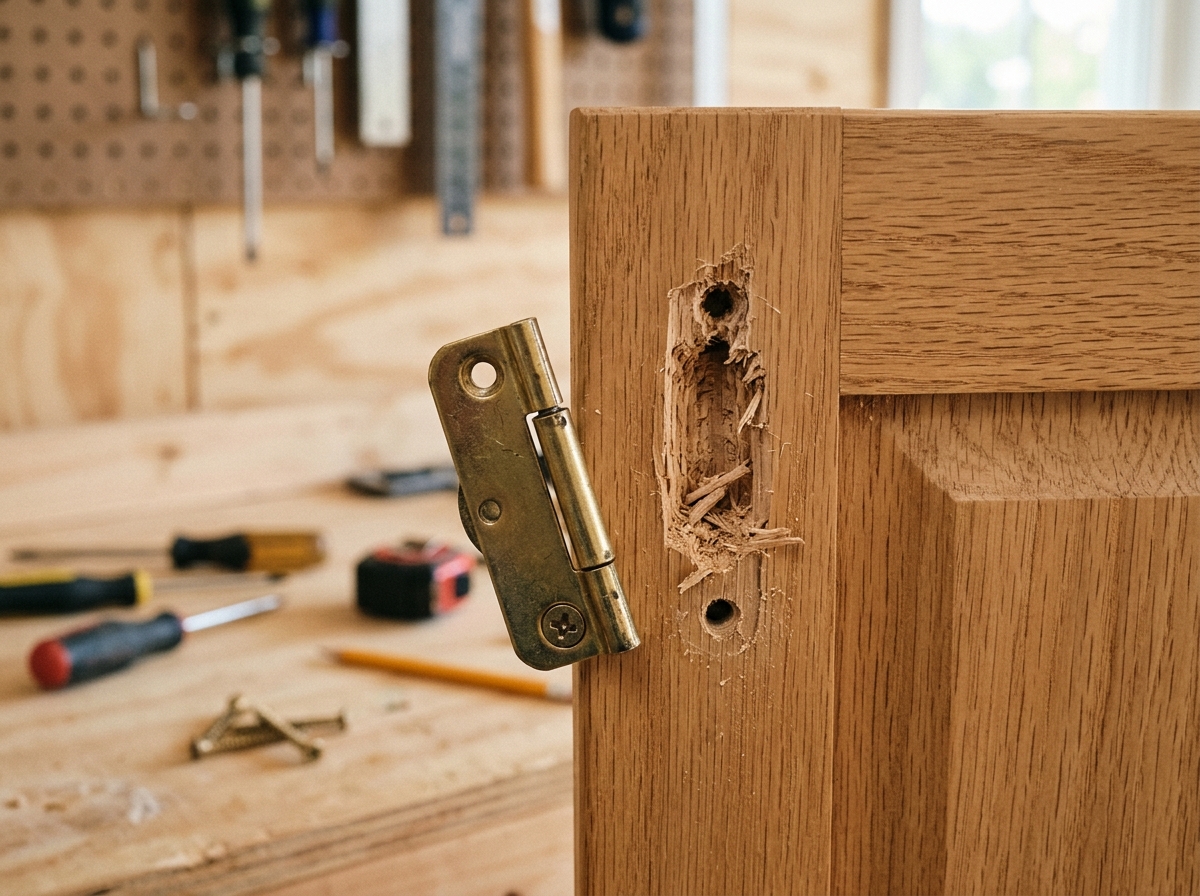 A stripped wood screw hole next to loose hardware on a cabinet panel.