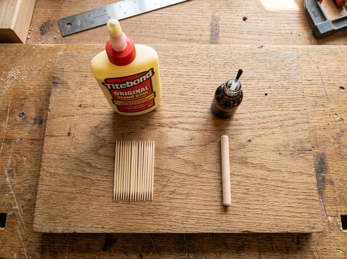 Wooden toothpicks, glue, and a dowel laid out for two different repair sizes.