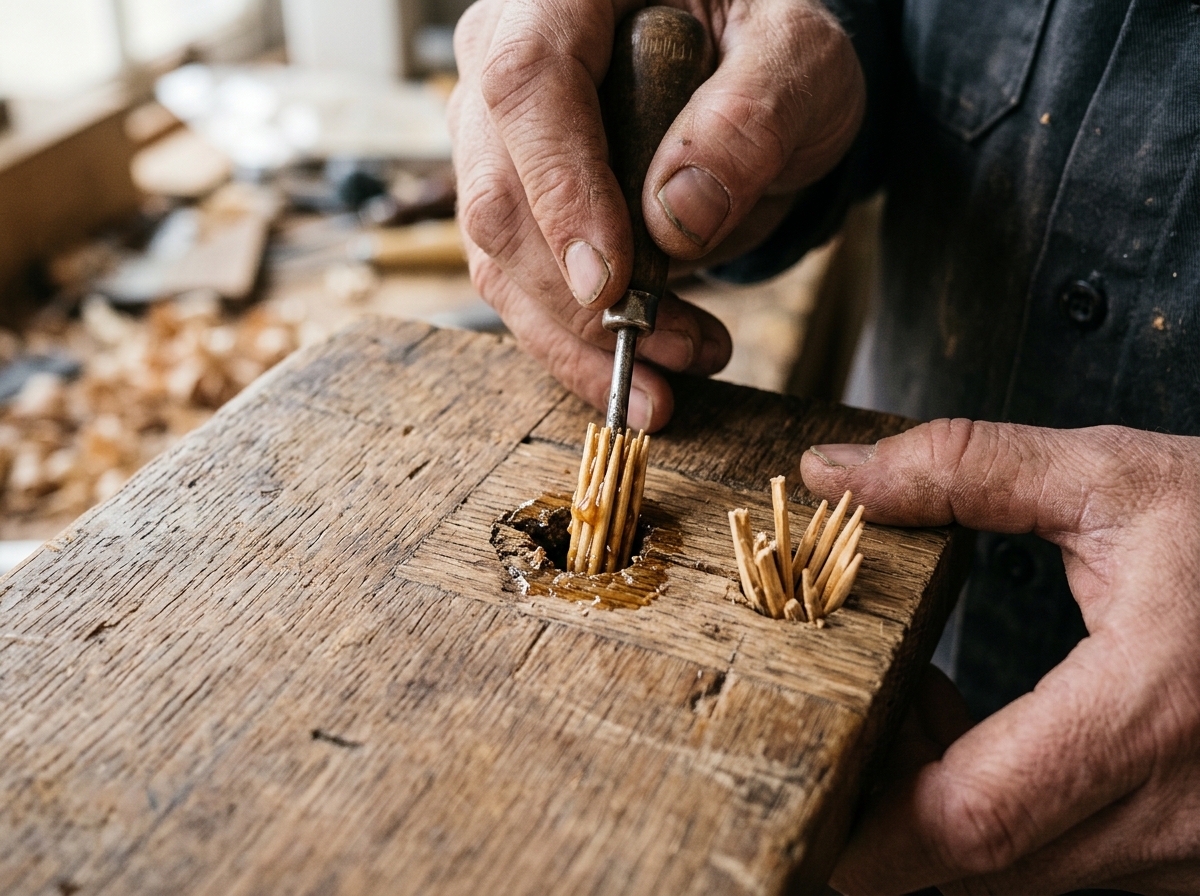Glued toothpicks being packed into a worn screw hole with a small hand tool.