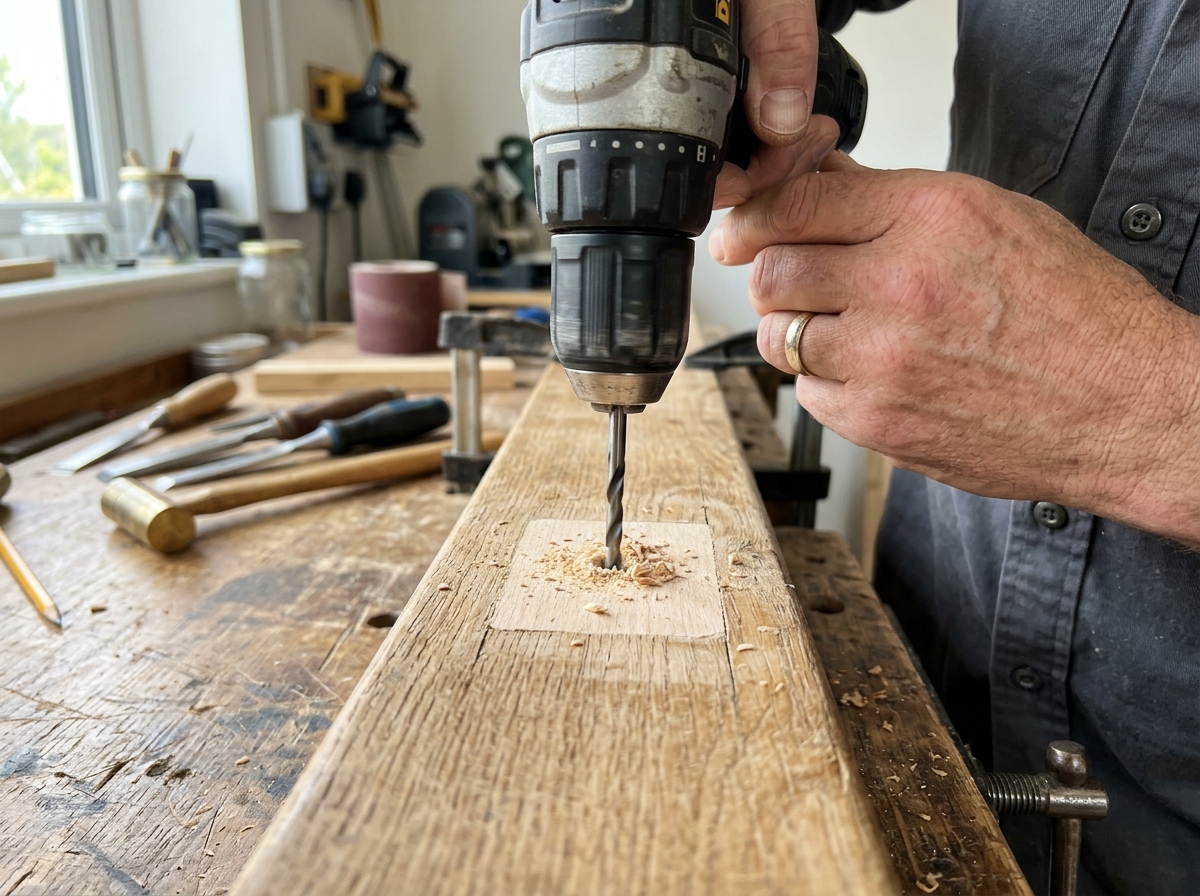 A pilot hole being drilled into a trimmed wood repair before the screw is reinstalled.