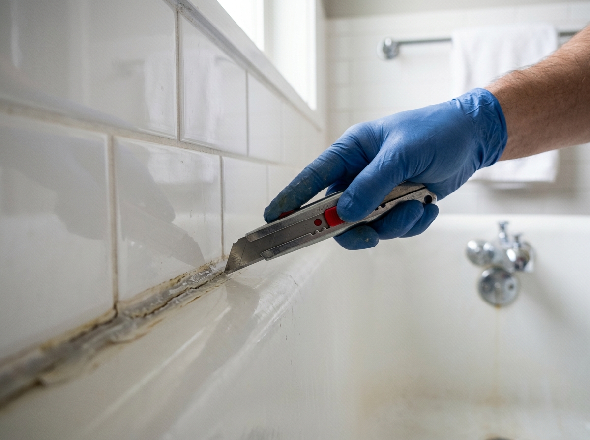 A homeowner cuts away an old silicone bead along the bathtub seam before resealing.