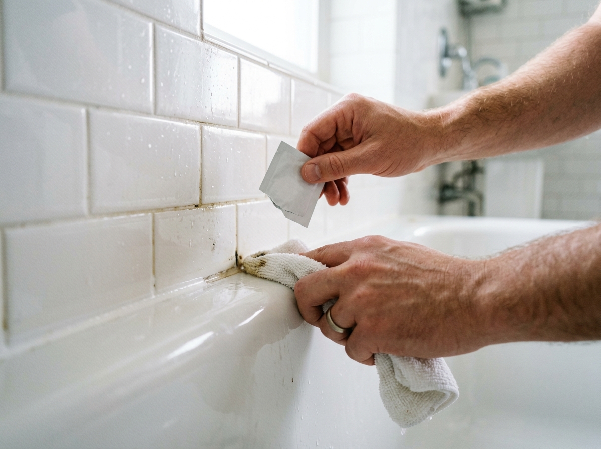 The bathtub seam is cleaned and dried thoroughly before new caulk is applied.