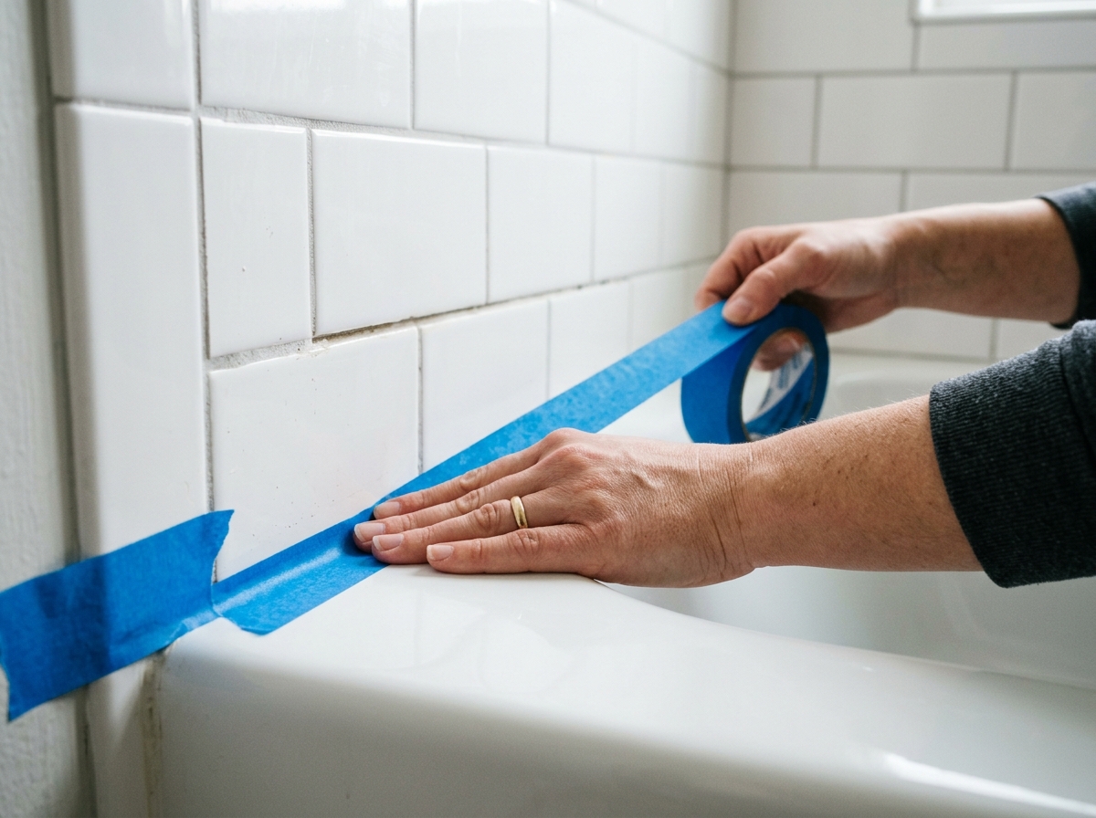 Blue painter’s tape frames the bathtub seam to create a straight caulk line.