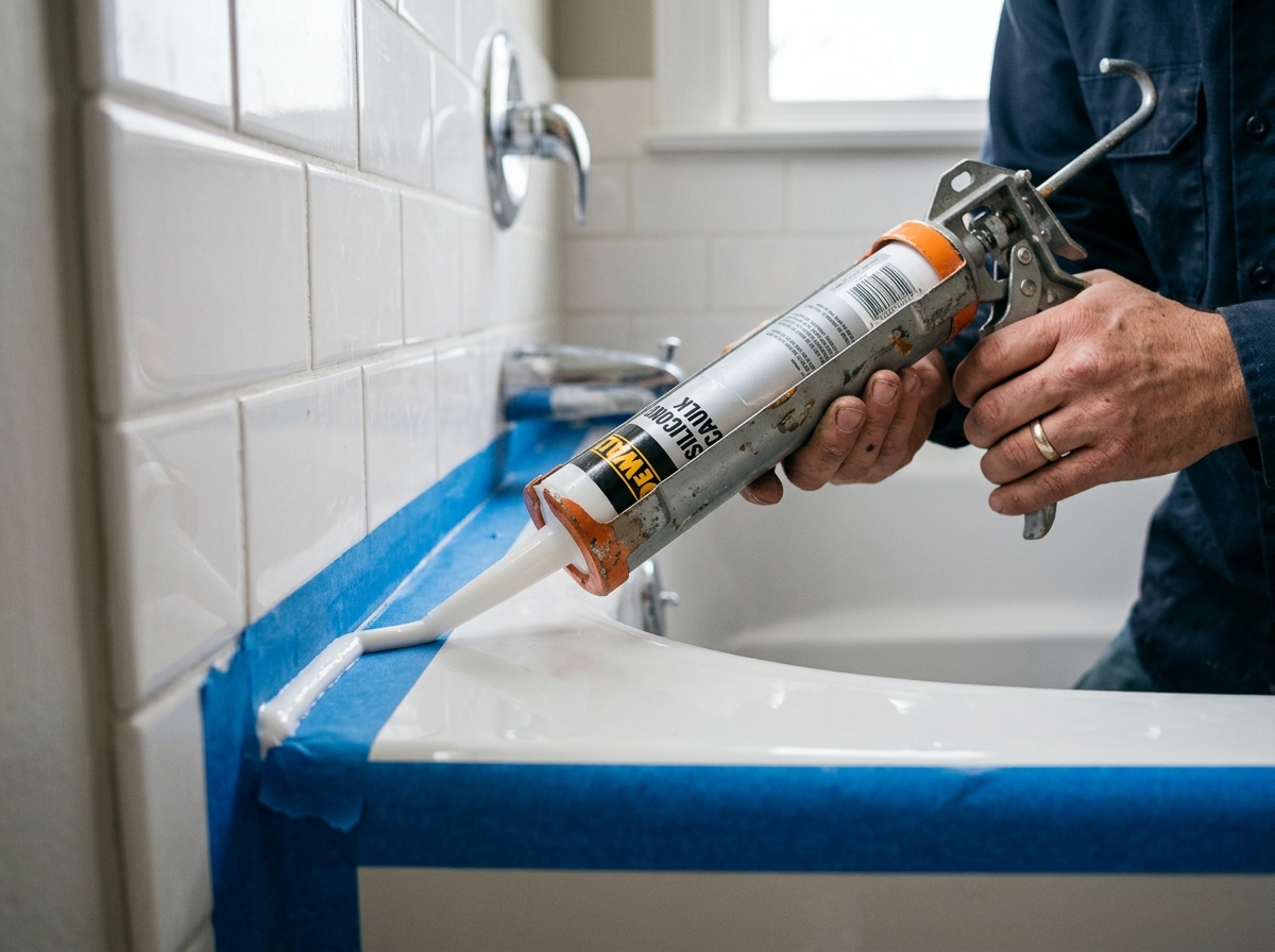 Fresh silicone caulk is applied in a controlled bead along the taped bathtub seam.